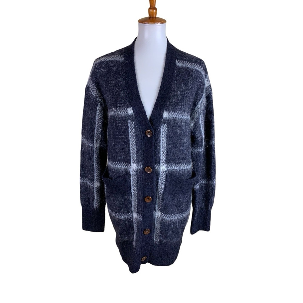 J Crew Fuzzy Plaid Cardigan‎ Sweater Navy Blue Button Front Cozy Small